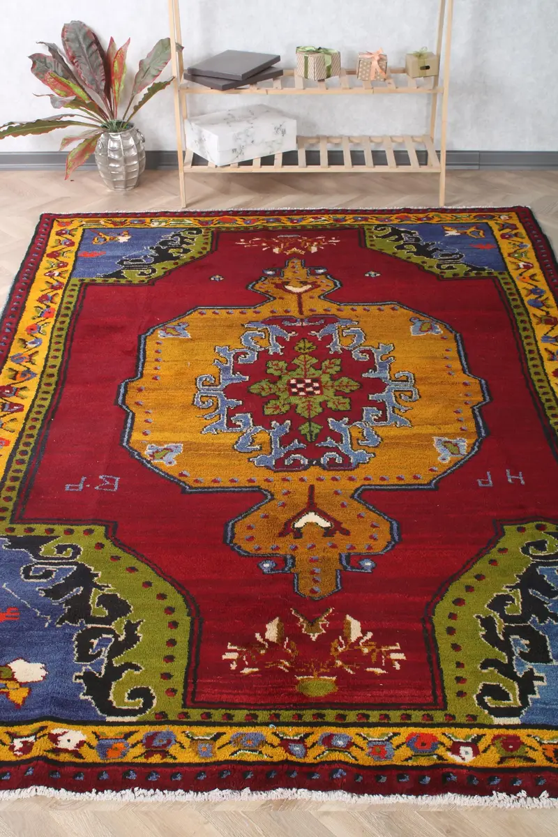 Vintage Türk Büyük Boy Halı 6.4x8.9 ft, Oushak Kırmızı Yün Halı - 1