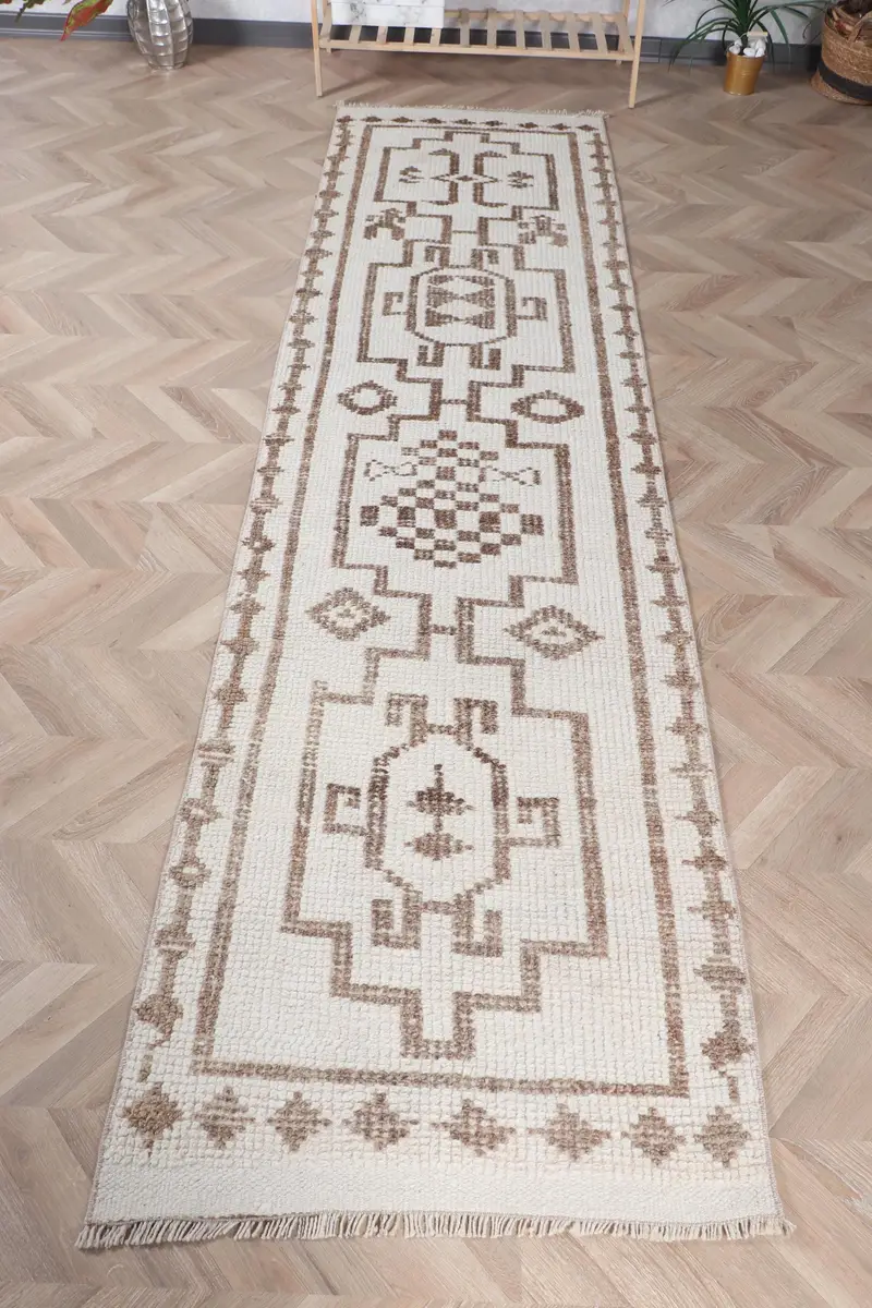 Handmade 2,2x10,4 ft Rug, Beige & Brown Southwestern