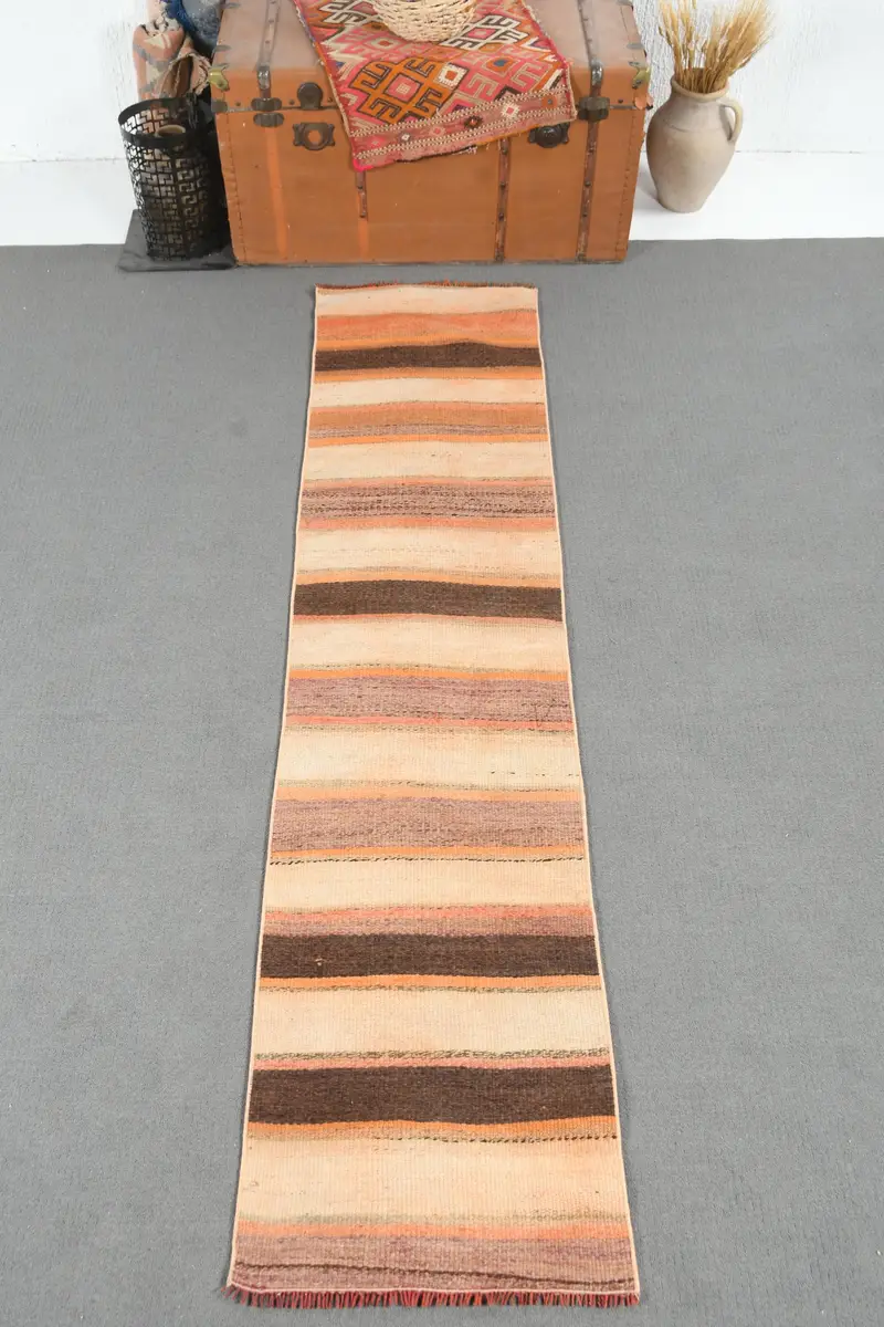 Türk Kilim Yolluk Halısı 1.8x7.5 ft (54x230 cm), Vintage Kahverengi Bitkiler ve ağaçlar Yün Halı - 1