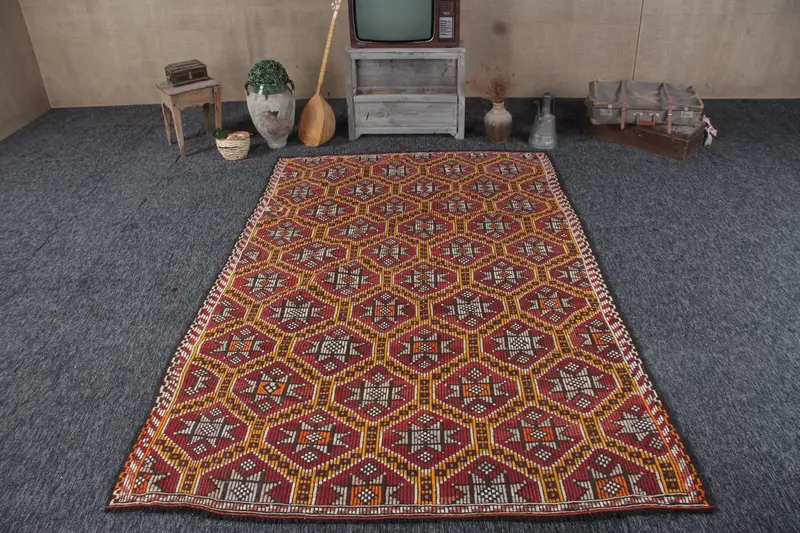 Alfombra vintage, alfombra turca grande de 6,2x8,9 pies, alfombra amarilla roja Oushak - 1