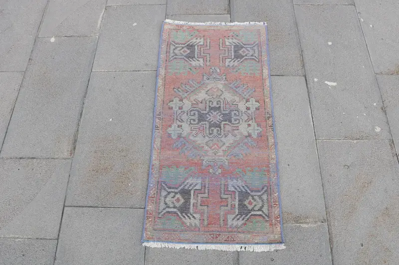 Turkish Vintage Rug, 1.5x3.1 ft Small Rug, Red Blue Floral Wool Rug - 1