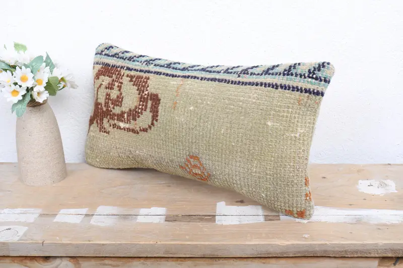 Vintage Kilim Pillow Pillow Case, Cushion, Boho Pillow Sham Cover, Home Decor Pillow, Throw Kilim Pillow, 8x16 Green Pillow - 4