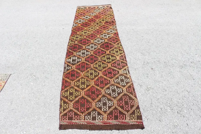 2.3x9 ft Rug, Turkish Vintage Rug, Brown Kilim Wool Rug - 1