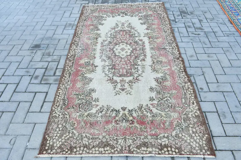 Türk Vintage Halı 4x7.2 ft, Kırmızı Oushak Bordürlü Halı - 1