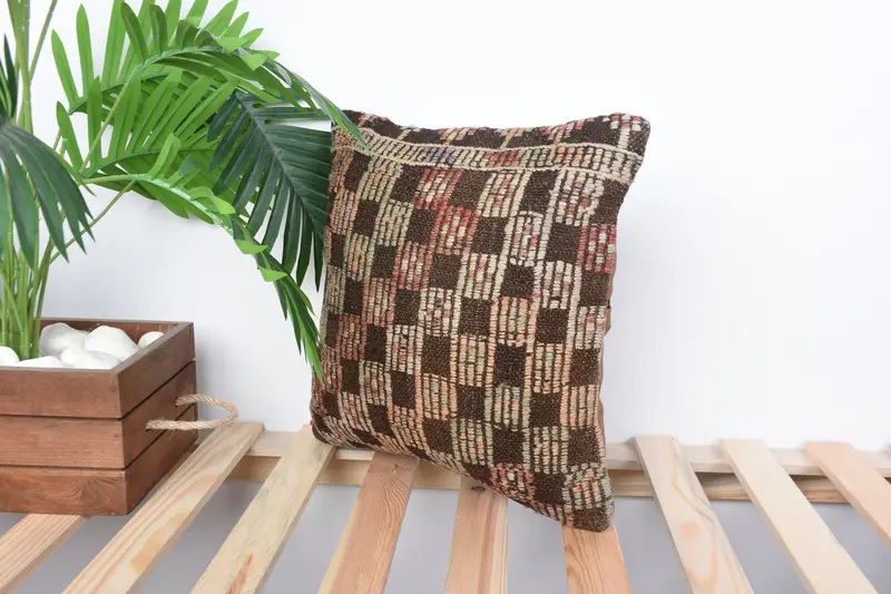 Interior Designer Pillow, Luxury Pillow Case, Kilim Cushion Sham, 14x14 Brown Pillow Cover, Shabby Chic Pillow, Turkish Kilim Pillow, Pillow Cover - 5