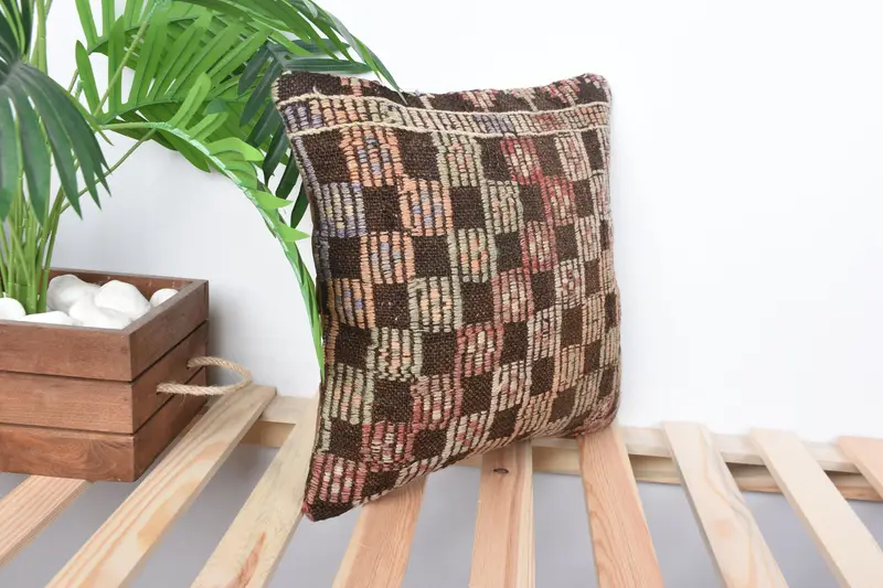 Interior Designer Pillow, Luxury Pillow Case, Kilim Cushion Sham, 14x14 Brown Pillow Cover, Shabby Chic Pillow, Turkish Kilim Pillow, Pillow Cover - 4