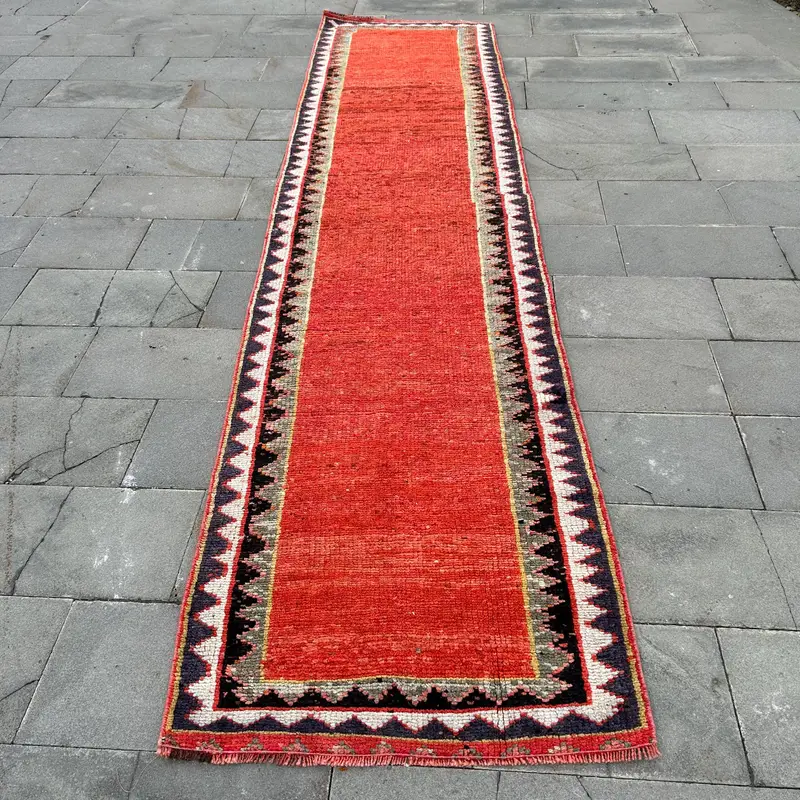 Turkish 3x12.5 ft Runner Rug, Vintage Rug, Herki Red Patchwork Rug - 1