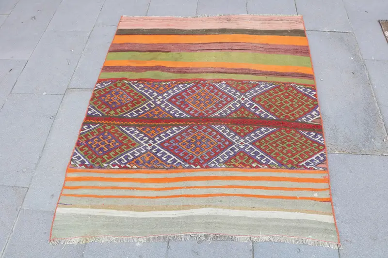 3.5x4.2 ft Rug, Turkish Vintage Small Rug, Orange Kilim Wool Rug - 1