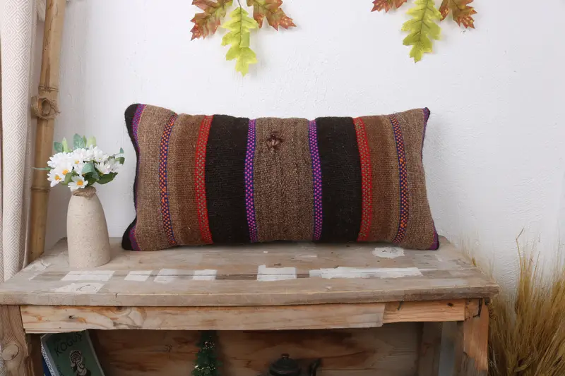 Kilim Pillow, 12x24 Brown Pillow, Pillow, Turkish Pillow, Ikat Pillow, Vintage Kilim Pillow, Cotton Pillow Cover, Aesthetic Pillow Cover - 1