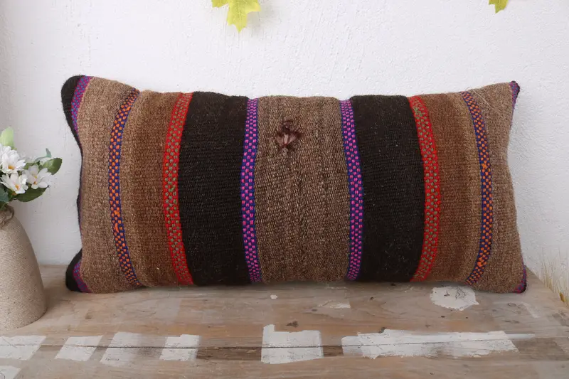 Kilim Pillow, 12x24 Brown Pillow, Pillow, Turkish Pillow, Ikat Pillow, Vintage Kilim Pillow, Cotton Pillow Cover, Aesthetic Pillow Cover - 2