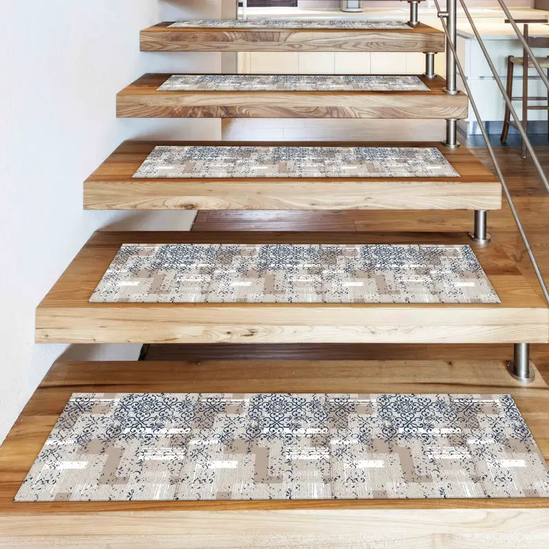 Beige Kilim Design Printed Rug: Stair Rug with Bohemian Touch