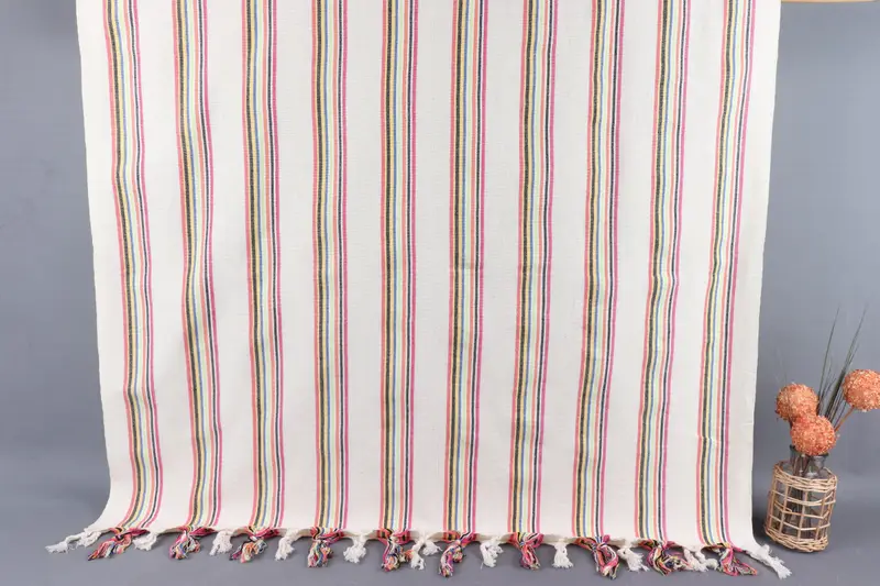 Turkish Bath Towel Rainbow Peshtemal Striped Beige, 38x71 Inches