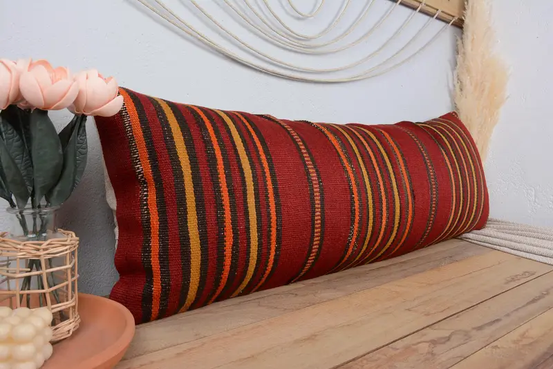 Pillow Case, 16x48 Red Pillow, Turkish Pillow, Ethnic Pillow Sham, Interior Designer Pillow, Ethnical Kilim Rug Pillow - 1