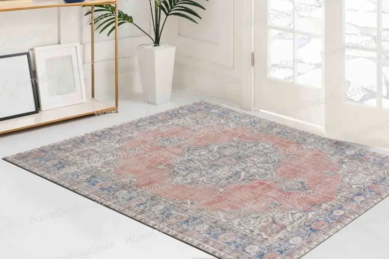 レッドフローラルメダリオンプリントラグ：ヴィンテージスタイル、アンティークデザイン