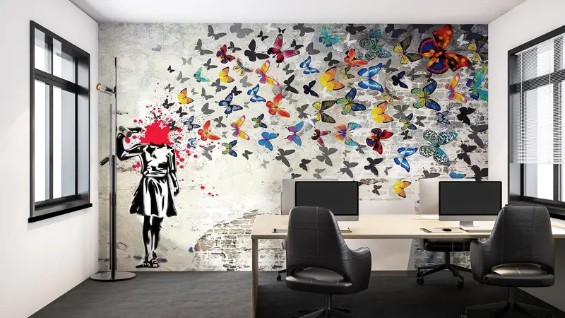 Basılı Duvar Kağıdı: Banksy'den Esinlenen Kelebek Grafiti Sanatı
