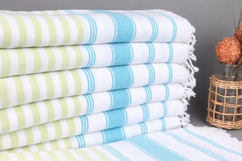 Turkish Bath Towel Green-Blue Striped, Organic Cotton, 40x71 Inches