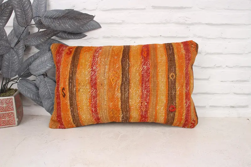 Antique Pillows, Turkish Kilim Pillow, Ethnical Kilim Rug Pillow, Vintage Cushion Case, Cushion Case, 12x20 Orange Pillow Cover - 1