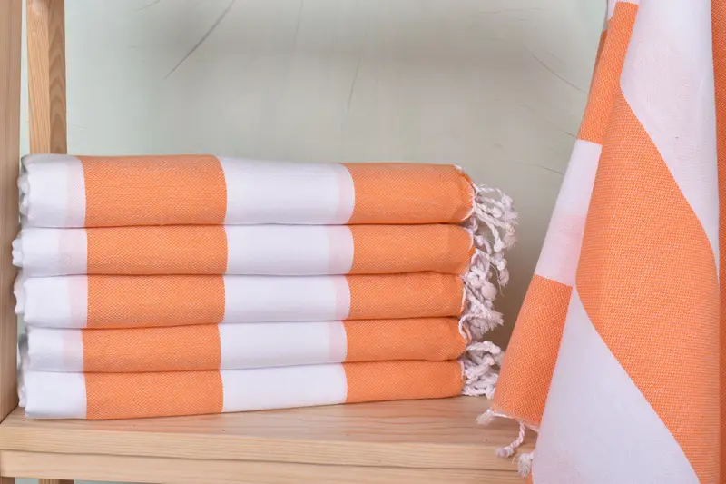 Personalized Orange-White Striped Beach Towel, Organic Cotton/Linen, 40x71 Inches