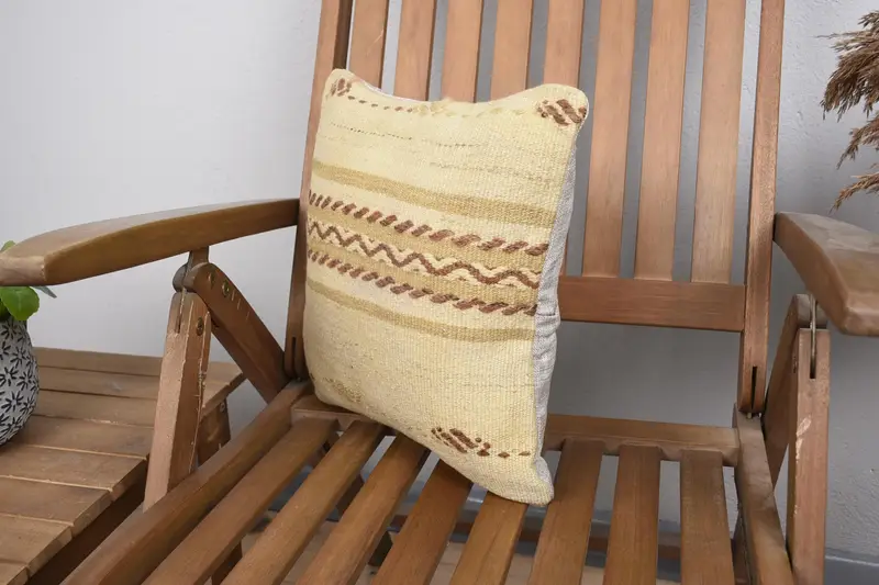 Boho Pillow Sham Cover, Ethnical Kilim Rug Pillow, Vintage Kilim Pillow, Vintage Kilim Pillow Cushion, Cushion, 14x14 Beige Pillow Cover - 3
