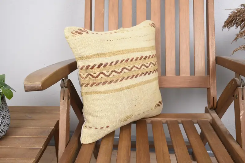 Boho Pillow Sham Cover, Ethnical Kilim Rug Pillow, Vintage Kilim Pillow, Vintage Kilim Pillow Cushion, Cushion, 14x14 Beige Pillow Cover - 2