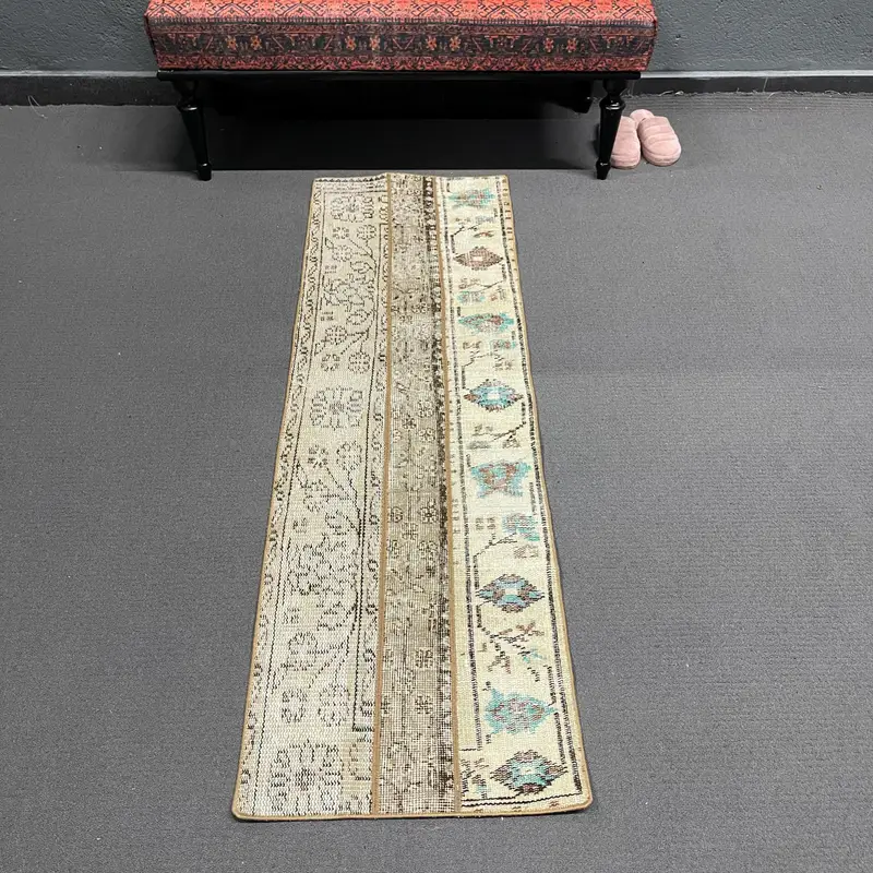 Turkish Runner Rug 1.7x5.6 ft, Vintage Oushak Brown Camouflage Wool Rug - 1