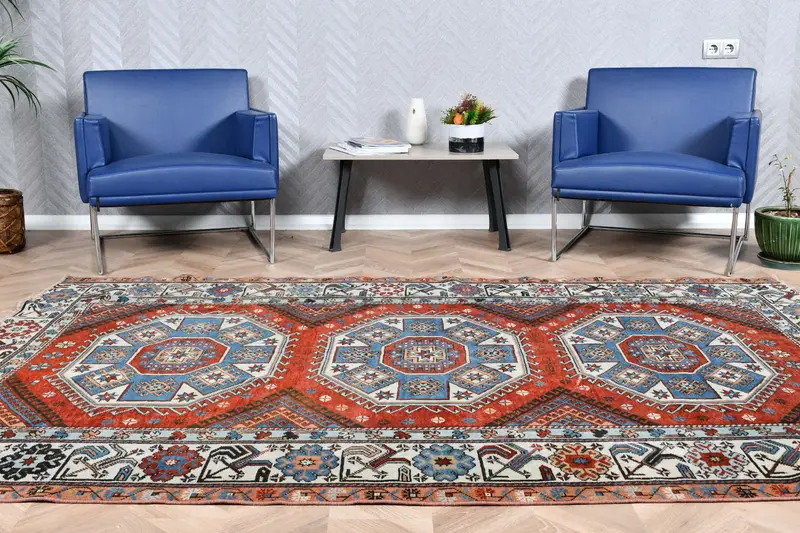 Türkischer 5,6x8,6 ft Teppich, großer Vintage Teppich, rot blau gestreifter Teppich - 1