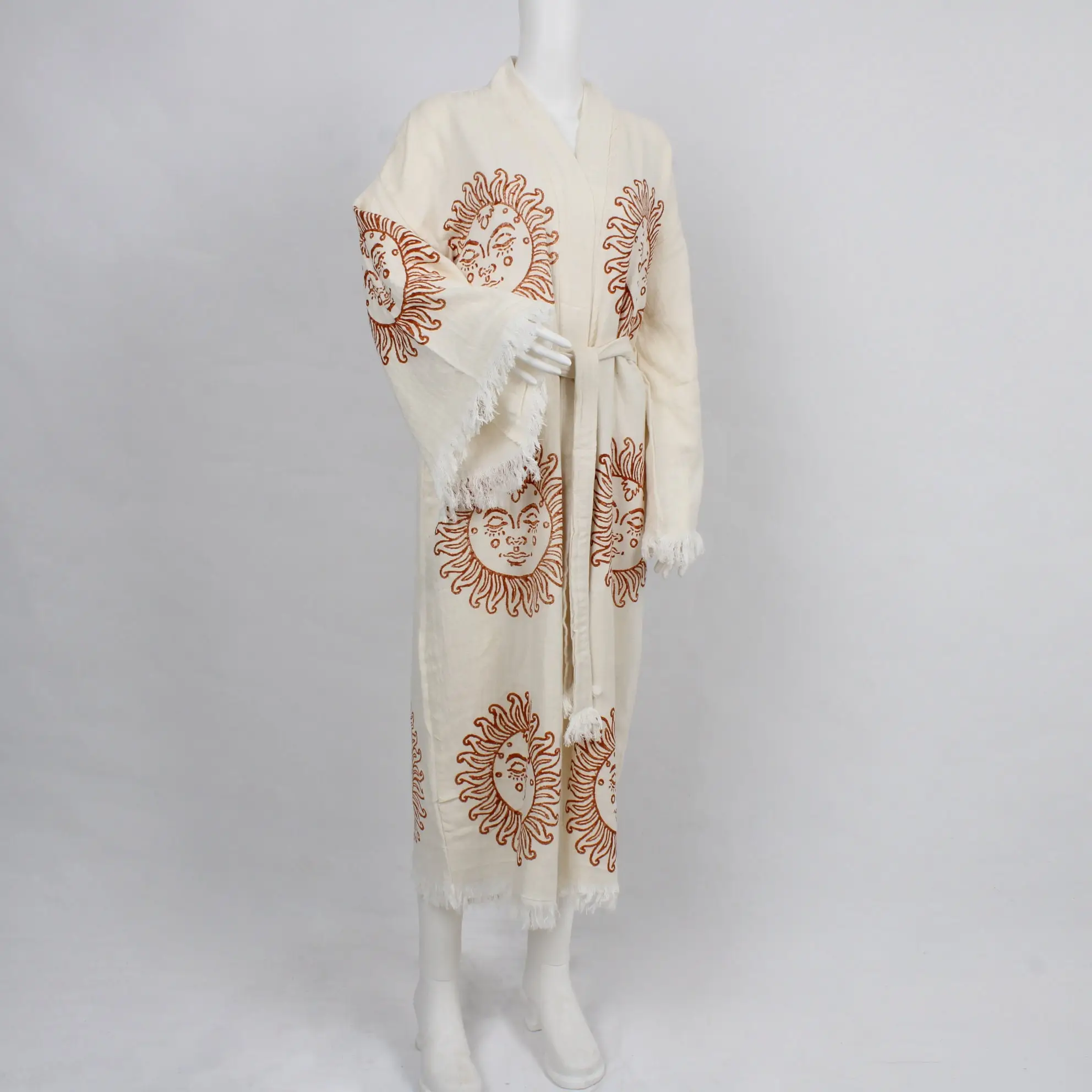 Personalized Muslin Kimono Beige Red Boho Beach Wear, Medium/Large - 1