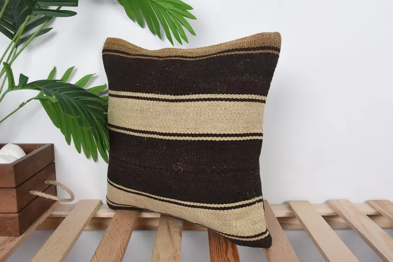 Pillow Case, 14x14 Brown Cushion Cover, Pillow for Sofa, Toss Pillow, Turkish Kilim Pillow, Handmade Kilim Cushion - 5