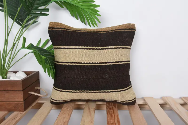 Pillow Case, 14x14 Brown Cushion Cover, Pillow for Sofa, Toss Pillow, Turkish Kilim Pillow, Handmade Kilim Cushion - 1