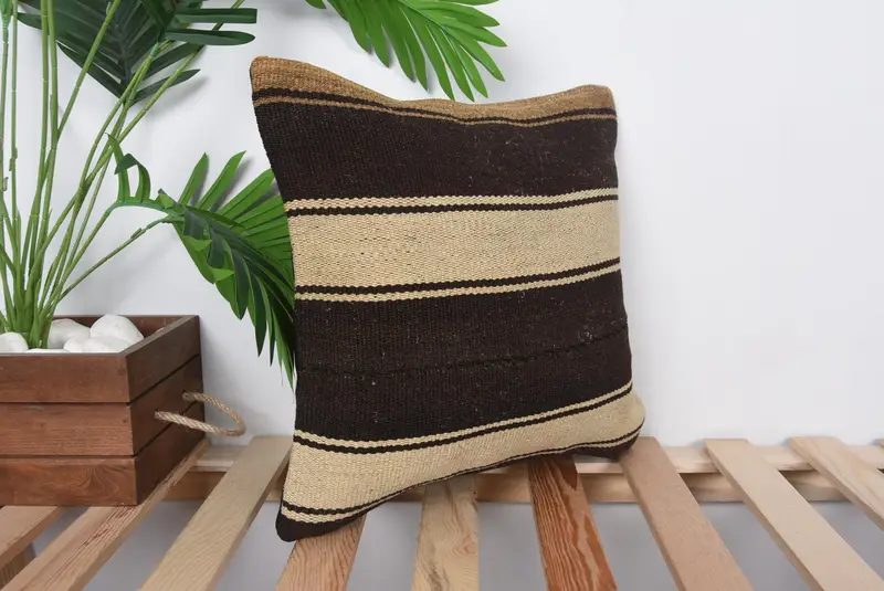 Pillow Case, 14x14 Brown Cushion Cover, Pillow for Sofa, Toss Pillow, Turkish Kilim Pillow, Handmade Kilim Cushion - 4