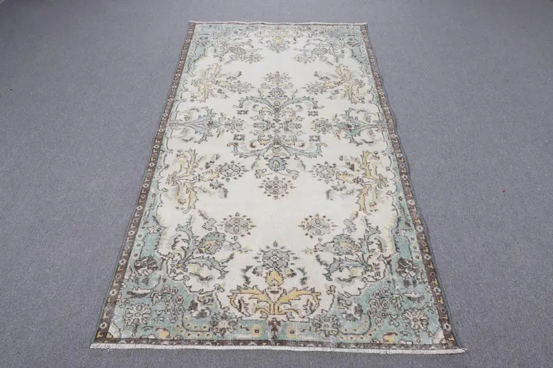 3.6x7.2 ft Halı, Eski Türk Halısı, Oushak Mavi Bitkiler ve ağaçlar Halısı - 1