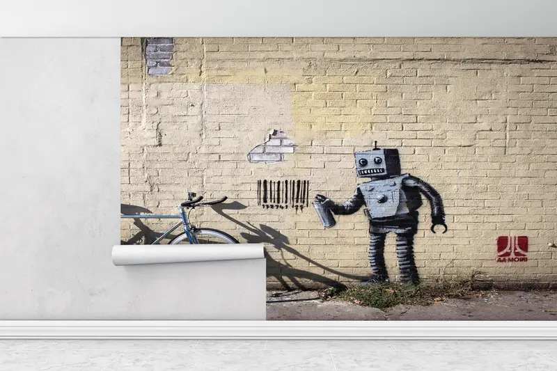 Graffiti Wall Mural, Robot Graffiti Wall Painting, Banksy Wall Paper, Street Wall Decor, Painting Mural, Barcode Robot Wall Paper, - 5