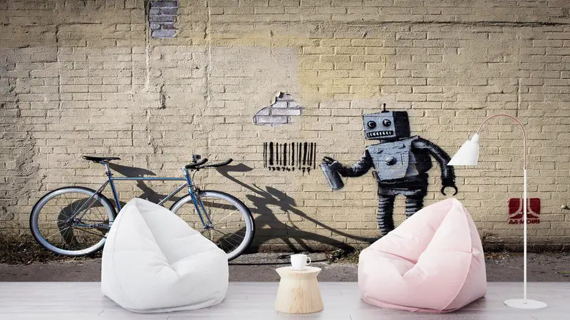 Graffiti Wall Mural, Robot Graffiti Wall Painting, Banksy Wall Paper, Street Wall Decor, Painting Mural, Barcode Robot Wall Paper, - 1
