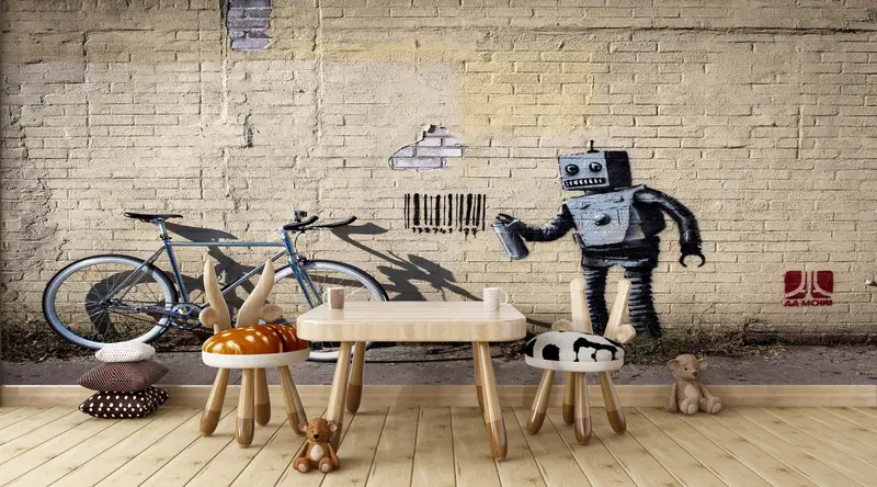 Graffiti Wall Mural, Robot Graffiti Wall Painting, Banksy Wall Paper, Street Wall Decor, Painting Mural, Barcode Robot Wall Paper, - 6