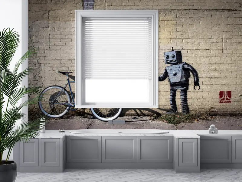 Graffiti Wall Mural, Robot Graffiti Wall Painting, Banksy Wall Paper, Street Wall Decor, Painting Mural, Barcode Robot Wall Paper, - 7