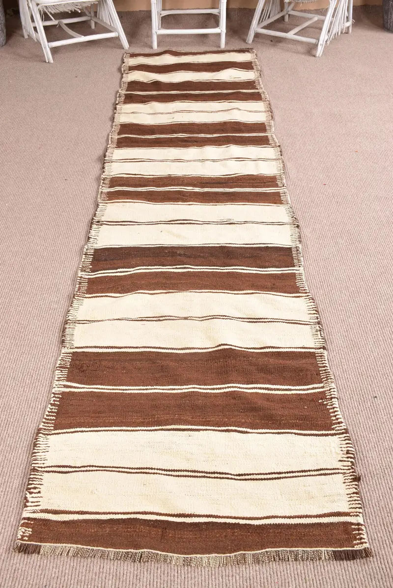 Türk 2.8x11.3 ft Halı, Runner Vintage Halı, Kahverengi Güneybatı Yün Halı - 1