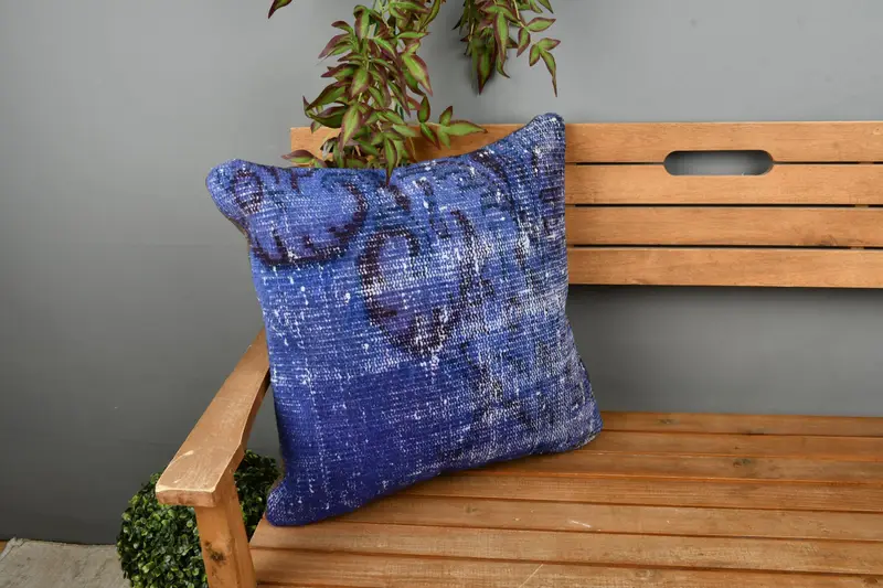 Handmade Kilim Cushion, 20x20 Blue Pillow Sham, Cushion Cover, Cotton Cushion Case, Sofa Cushion, Kilim Cushion Sham, Vintage Kilim Pillow - 1