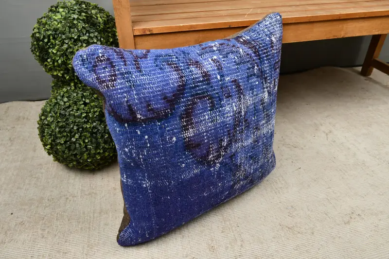 Handmade Kilim Cushion, 20x20 Blue Pillow Sham, Cushion Cover, Cotton Cushion Case, Sofa Cushion, Kilim Cushion Sham, Vintage Kilim Pillow - 7