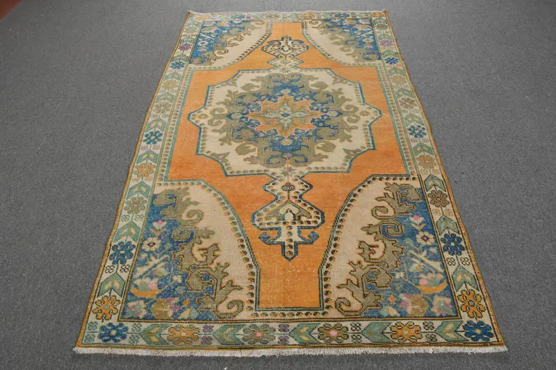 Vintage Türk Oushak Halısı 4,2x7,4 ft (127x227 cm), Turuncu Oryantal Yün Halı - 1