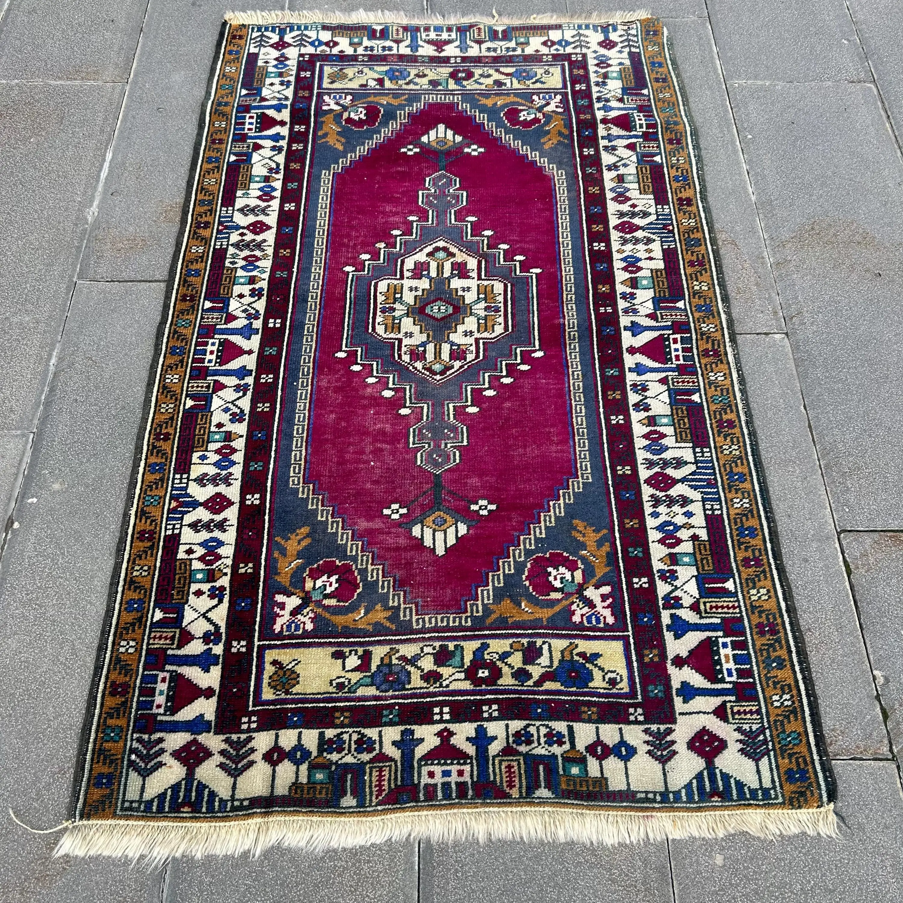 Türk Halısı, Accent 3.2x5.2 ft Vintage Halı, Kırmızı Mavi Ombré Yün Halı - 1