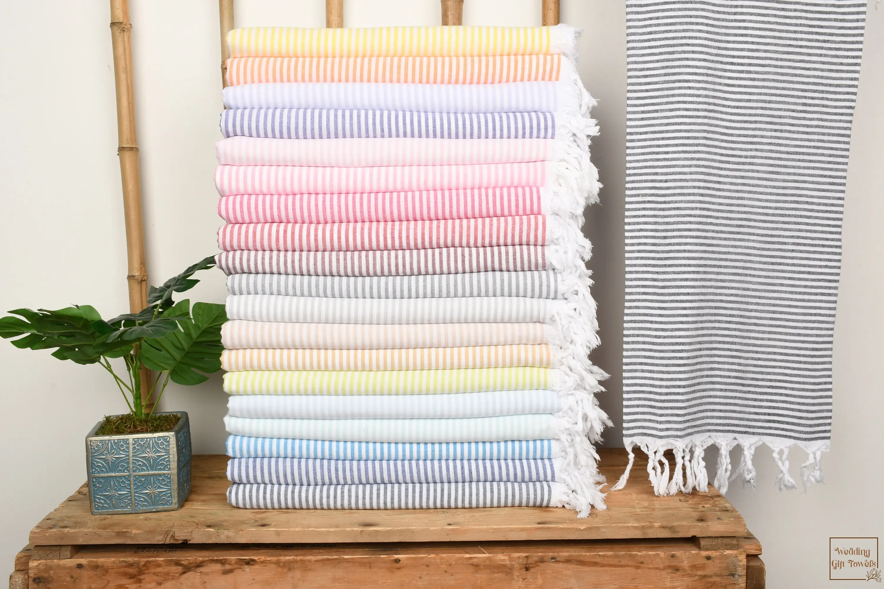 Personalized Turkish Cotton Towel Striped Beige Boho 36x67 Inches - 1