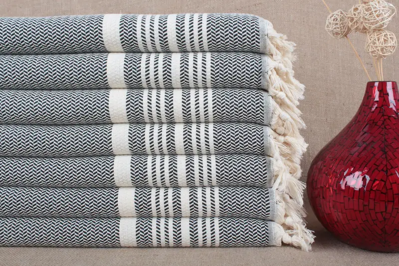 Toalla Turca Hecha a Mano de Algodón Orgánico Rayas Beige, 18x40 Pulgadas