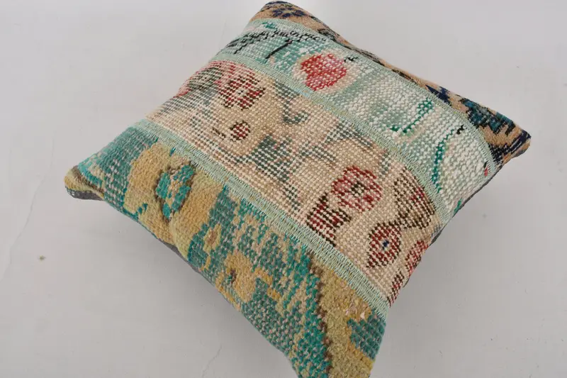 Vintage Kilim Yastığı, Vintage Yastık, 14x14 Yeşil Yastık Kılıfı, Yastık Sham, Dekoratif Yastık Yastığı, Boho Yastık Sham Kapak - 6