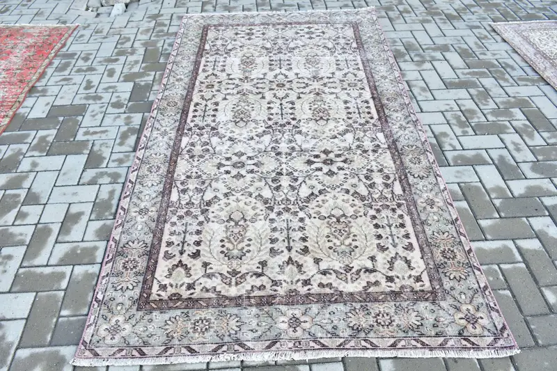 4.4x8 ft Vintage Türk Halısı, Alan Halısı, Kahverengi Gri Çizgili Yün Halı - 1