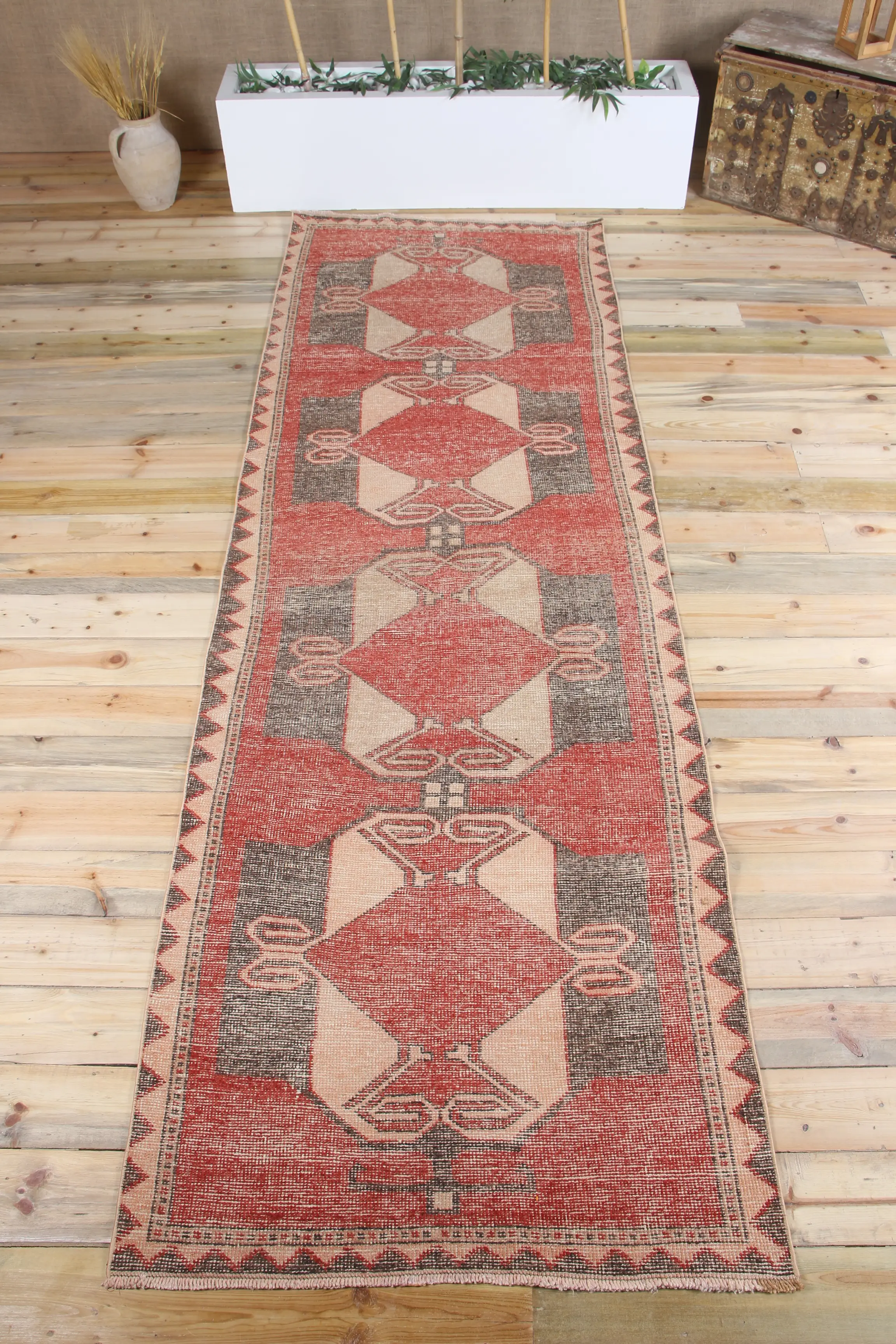 3.5x10.8 ft Turkish Vintage Rug, Runner Rug, Oushak Red Rug - 1