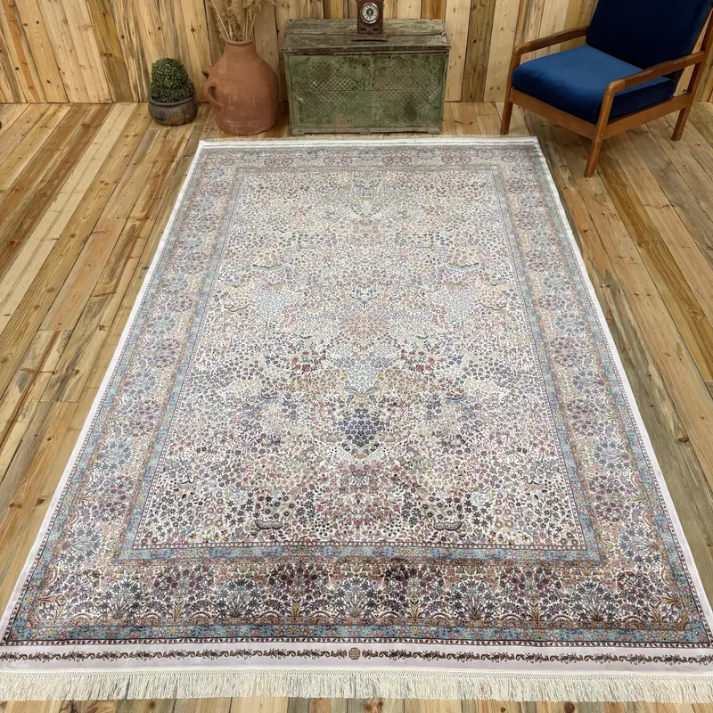 6.4x9.9 ft Turkish Oushak Rug, Blue Oriental Vintage Silk Rug - 1
