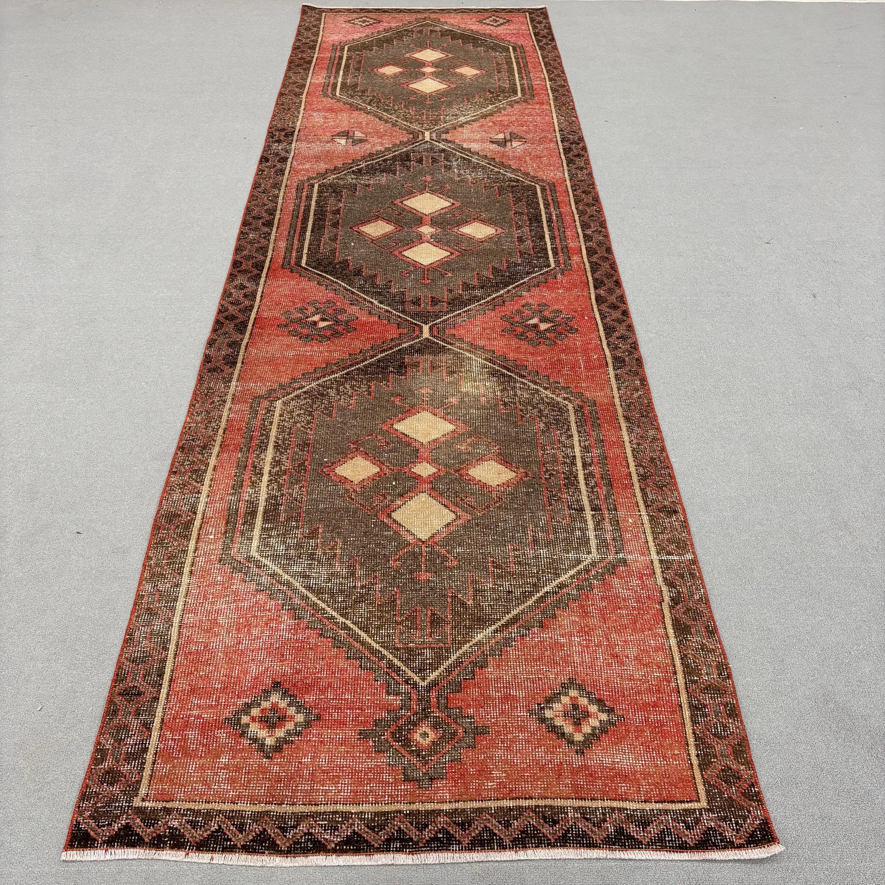 3.6x12.3 ft Turkish Rug, Runner Vintage Rug, Red Polka dot Rug - 1