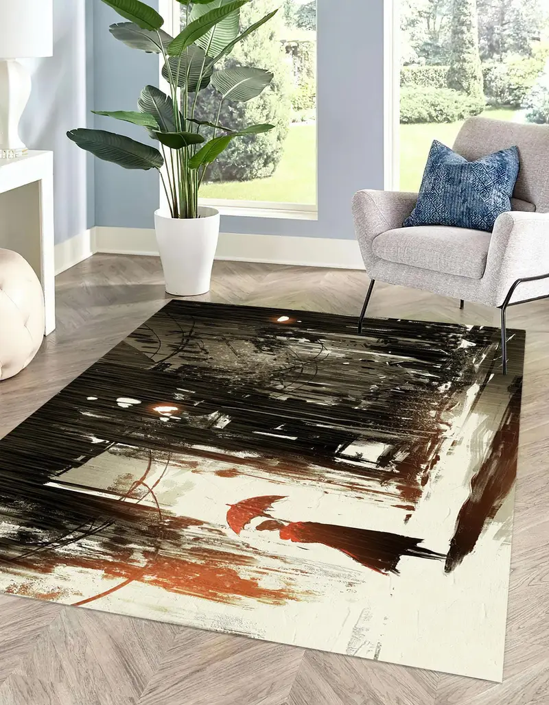 Alfombra estampada moderna: paisaje urbano lluvioso con paraguas rojo