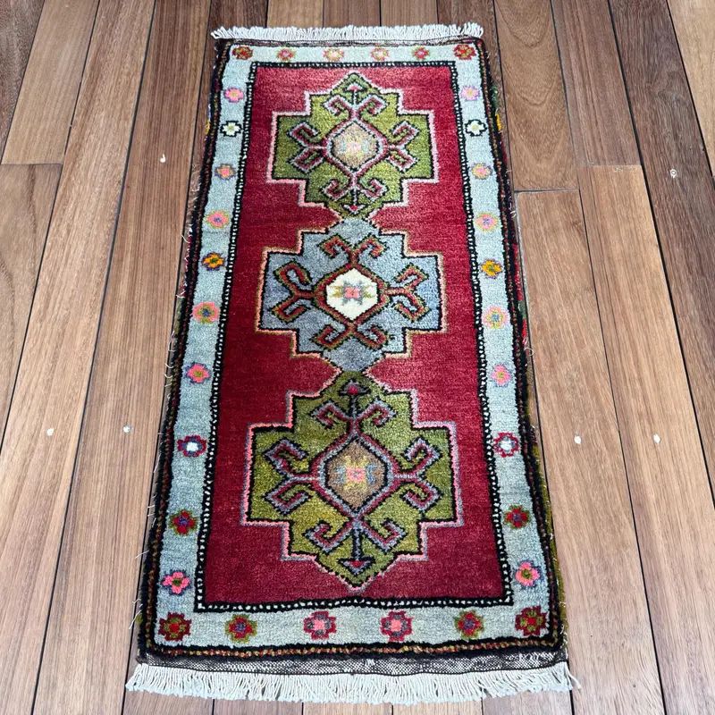Vintage Turkish Rug, 1.4x2.9 ft Oushak Rug, Red Striped Wool Rug - 1