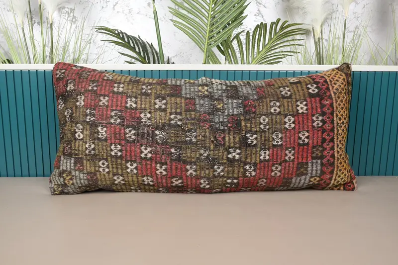 Red Southwestern Embroidered Throw Pillow, Vintage Rectangle Pillow